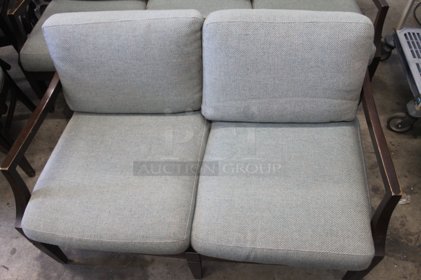 2 Wooden Dining Height Chairs / Benches w/ Arm Rests and Blue Seat Cushion. Two Person and Three Person. 46x30.5x27.5, 63x29x30.5. 2 Times Your Bid! - Image 4 of 5