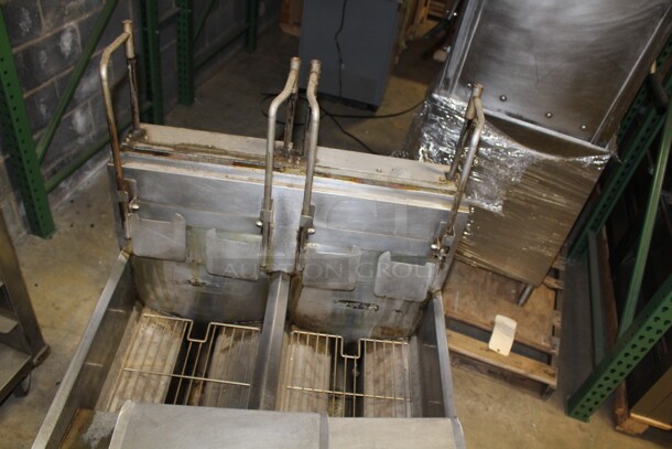 FABULOUS! Frymaster Model FPPH255BLCSC Commercial Stainless Steel Natural Gas Double Floor Fryer With Filtration System,Well Covers And Basket Racks On Casters. 31x36x56. Working When Pulled! - Image 2 of 7