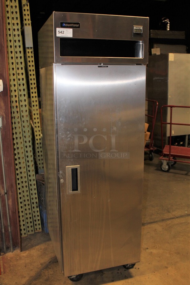 LIKE NEW! Delfield Commercial Stainless Steel Single Door Reach In Freezer On Casters. 26x33x79. 115V/60Hz. Working When Pulled!
