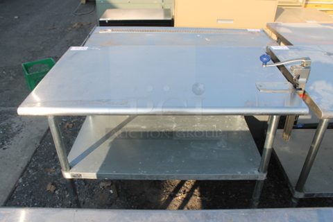 Advance Tabco ELAG-304 Stainless Steel Commercial Table w/ Mounted Commercial Can Opener Under Shelf. 