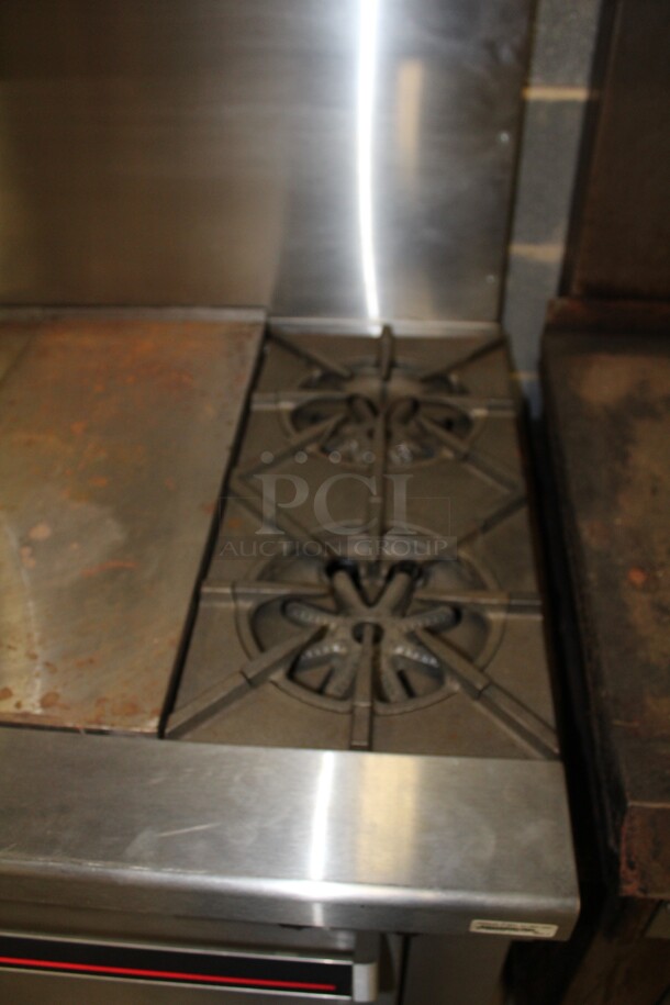 TERRIFIC! Garland 2 Burner Natural Gas Range With Full Size Oven, Griddle, Backsplash And Salamander Shelf On Casters! 36x34x59. Working When Pulled!  - Image 2 of 8