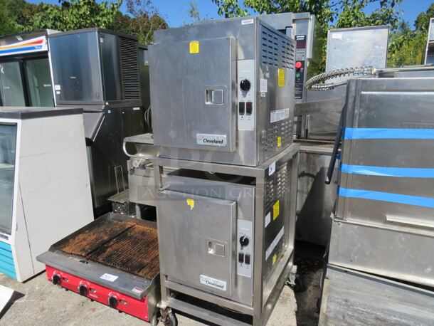 One Cleveland Dual Steamer On Casters. Model# 21CET16. 208 Volt. 3 Phase. 25X31X68. $28,808.40. 