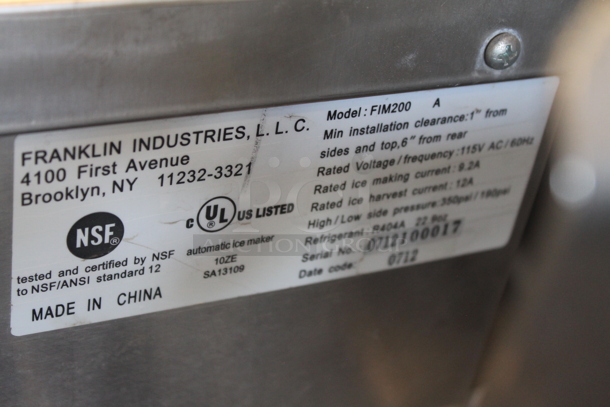 Franklin FIM200 Stainless Steel Commercial Self Contained Undercounter Ice Machine. 115 Volts, 1 Phase. - Image 11 of 12