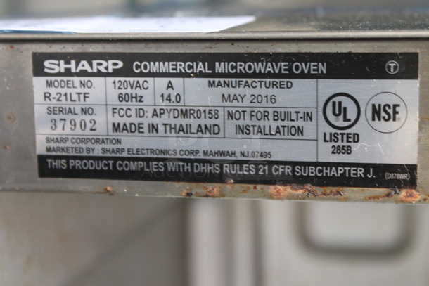 2016 Sharp R-21LTF Stainless Steel Commercial Countertop Microwave Oven. 120 Volts, 1 Phase. - Image 4 of 5