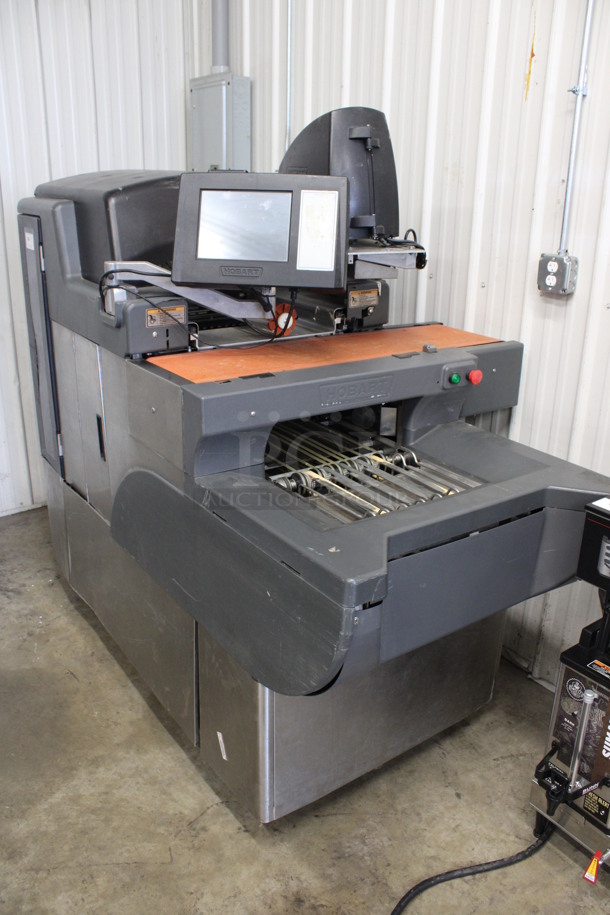 Hobart Model AWS Metal Commercial Floor Style Wrapping Station w/ Hobart Model EPCP Touch Screen and Label Printer on Commercial Casters. 120/208-240 Volts, 1 Phase. 76x43x67