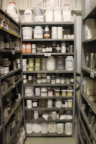 Gray Metal Shelving Unit w/ Contents Including Chemicals. BUYER MUST REMOVE.