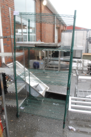 Green Finish 4 Tier Wire Shelving Unit. Does Not Come w/ Contents. BUYER MUST DISMANTLE. PCI CANNOT DISMANTLE FOR SHIPPING. PLEASE CONSIDER FREIGHT CHARGES.
