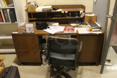 Wood Pattern Desk w/ Contents and Office Chair. BUYER MUST REMOVE.