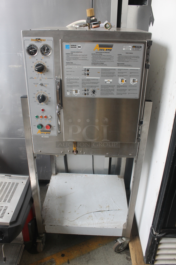 Accutemp S62083D12030250 Commercial Stainless Steel Electric Pan Cabinet Steamer With Pan Racks On Utility Cart With Undershelf and Commercial Casters. 208V, 3 Phase.  - Image 1 of 6
