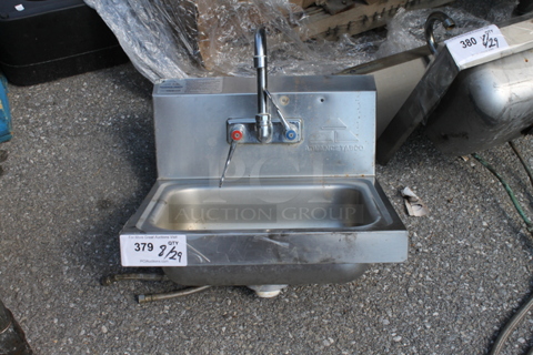 Advance Tabco Stainless Steel Commercial Single Bay Wall Mount Sink w/ Faucet and Handles.
