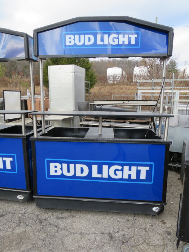 One Bud Light IRP Elite Beverage Cart/Kiosk With 2 Wells, Under Shelf, And Over Shelf On Casters.  61X30.5X88 