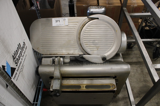 Globe Stainless Steel Commercial Countertop Meat Slicer w/ Blade Sharpener. Missing Carriage. 26x23x24. Tested and Does Not Power On