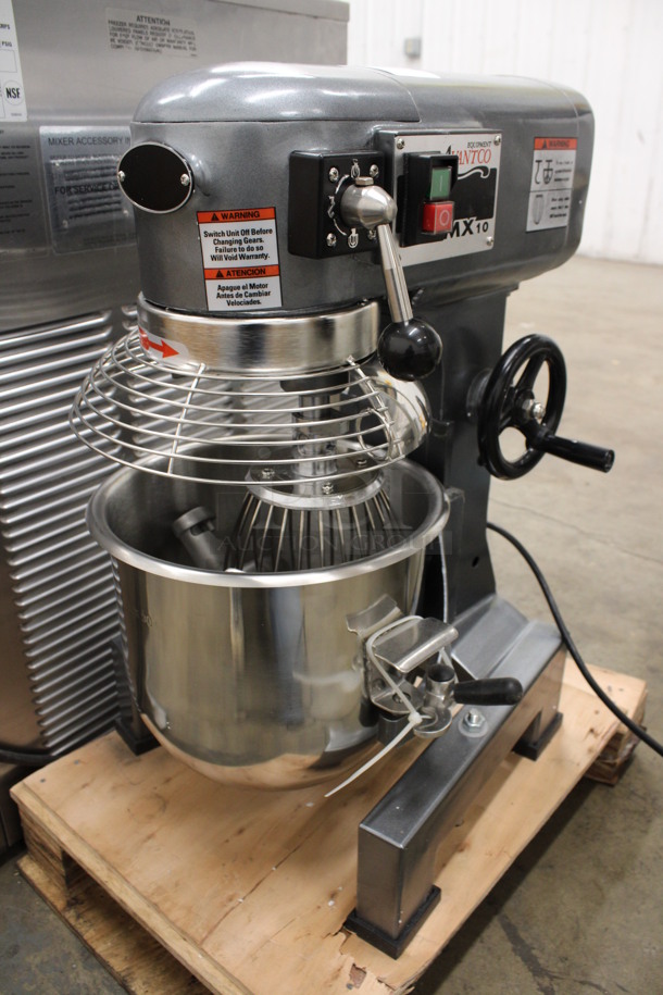 BRAND NEW! Avantco Model MX10 Metal Commercial Countertop 10 Quart Planetary Mixer w/ Stainless Steel Mixing Bowl, Bowl Guard, Paddle, Dough Hook and Whisk Attachments. 120 Volts, 1 Phase. 15x20x24.5. Tested and Working!