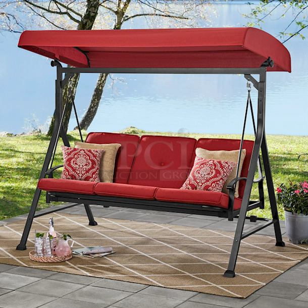Mainstays Belden Park 3 Person Seat Outdoor Furniture Patio Swing and Daybed with Canopy, Red - 80.71” x 51.57” x 72.83”