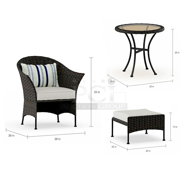 Mainstays Arlington Glen 5 Piece Outdoor Furniture Patio Leisure Set, Beige. Chair dimensions: 26.25" x 28.25" x 32"; 15.7 lbs.
Side table dimensions: 20" D x 19.25"; 6.37 lbs.
Ottoman dimensions: 19.5" x 19" x 12.5"; 8.86 lbs. - Image 2 of 11