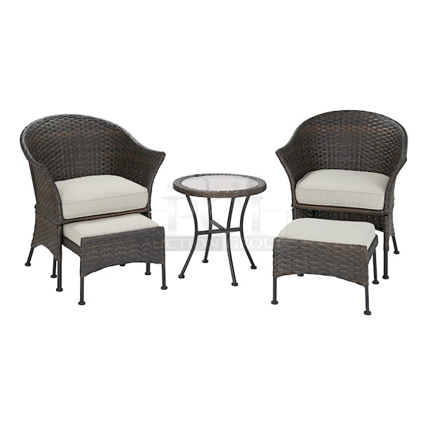 Mainstays Arlington Glen 5 Piece Outdoor Furniture Patio Leisure Set, Beige. Chair dimensions: 26.25" x 28.25" x 32"; 15.7 lbs.
Side table dimensions: 20" D x 19.25"; 6.37 lbs.
Ottoman dimensions: 19.5" x 19" x 12.5"; 8.86 lbs. - Image 3 of 11