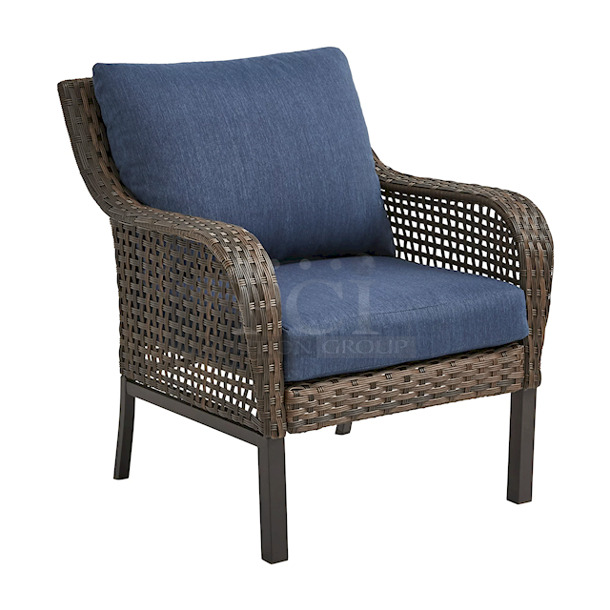 Mainstays Tuscany Ridge Outdoor 4 Piece Wicker Conversation Set, Blue. 4-piece patio furniture set includes a cushioned loveseat, two chairs, and a coffee table. Each chair measures 30.75"D x 30.75"W x 32.75"H; Loveseat measures 52"W x 30.75"D x 32.75" H; Coffee table measures 21.5"W x 38"D x 19.5"H. 2x Your Bid - Image 4 of 8