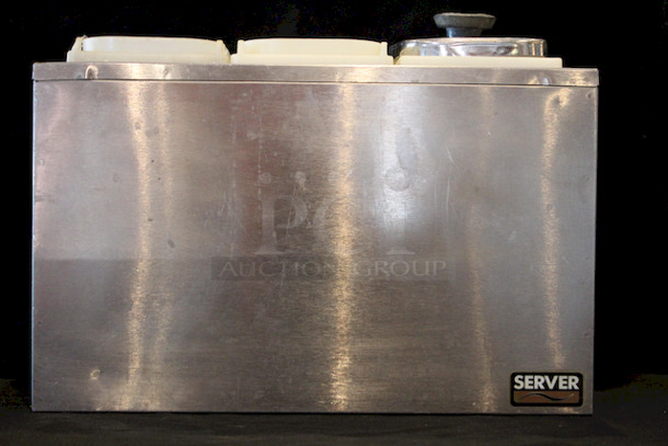 Server SR-3 Serving Station (3) Jars. 
Height -	14.25 inches
Width -	15.50 inches
Depth -	8.75 inches
Missing (2) Lids - Image 2 of 3