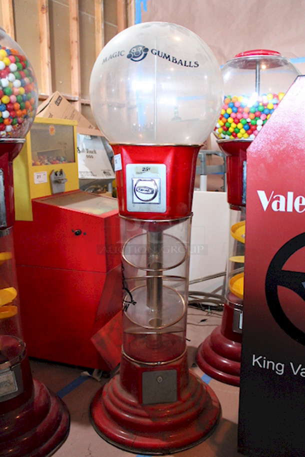 SWEET! World Famous Magic Gumball International 5ft Large Spin and Drop Commercial Gumball Machine with Stand - Quarter Activated, Classic Red. TESTED! Machinery Works. Minor Damage to The Fiberglass Around The Center Of Machine. Brass/Metal Collar May Need A Screw. Very Easy Fix. Missing The Lid.  - Image 2 of 6
