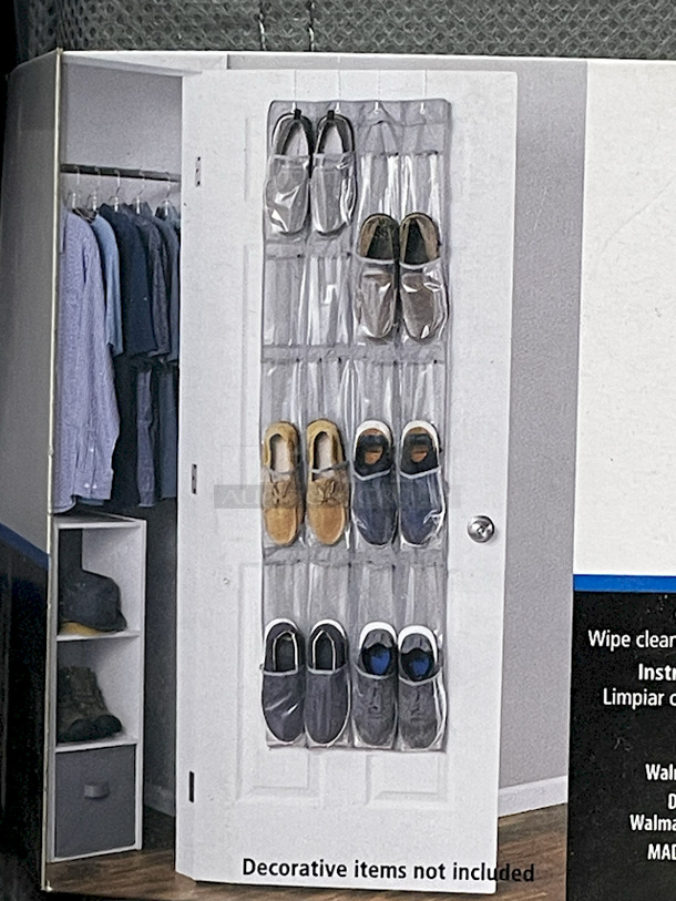 Bed / Bath Storage & Organization  – (2) Hives & Honey – Katie – Jewelry Stands; (4) Mainstays 24-Pocket Over The Door Shoe Organizers; (1) White Over The Door Rack; (1) Allen + Roth 3 Shelf Recessed Mount Brushed Nickel Finish Medicine Cabinet Fits 14”x24” Rough Opening; (7) Hives And Honey Wall Monet Jewelry Organizers; (11) 4 10-1/2” x 10-1/2” Sheets of Peel & Stick Tiles.  - Image 4 of 12