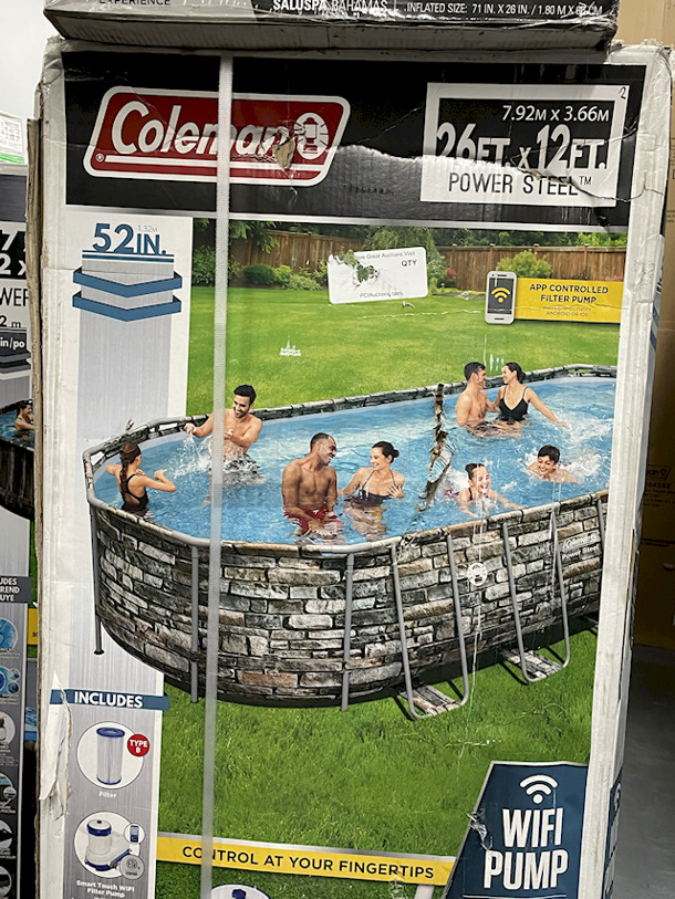 Coleman Power Steel 26’ x 12’ x 52” Oval Above Ground Pool Set. Contains: 1 pool, 1 SmartTouch filter pump (2,000 gal. flow rate) can be controlled through the Bestway Smart Hub™ App (compatible with Type IV cartridge), 1 safety ladder, 1 pool cover.