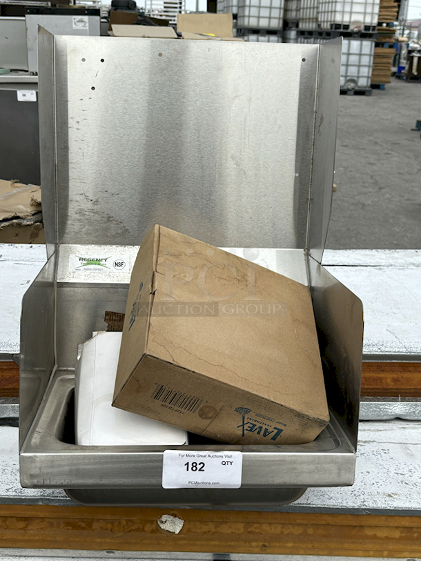 BRAND NEW SCRATCH & DENT! Regency 17" x 15" Wall Mounted Hand Sink with Side Splashes, Top Mounted Paper Towel, and Soap Dispenser - Image 2 of 5