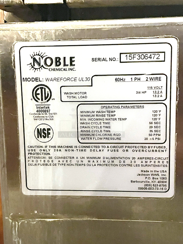 Noble Warewashing UL30 Low Temperature Undercounter Dishwasher - 115V.
Width: 24 3/16" Depth: 25" Height: 33 5/16" - Image 2 of 3