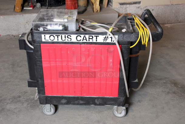 BEAUTIFUL! Mobile Sanitization Station. Features a LOTUS PRO Stabilized Aqueous Ozone (SAO3) High Capacity, chemical-free, sanitizing and cleaning Module Attached to a Rubbermaid Industrail Work Cart. This system transforms ordinary tap water into Stabilized Aqueous Ozone (SAO3) which is a powerful and natural surface sanitizer (99.999%), surface cleaner, stain remover, and deodorizer. - Image 1 of 6
