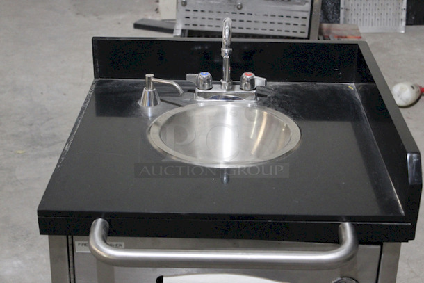 OUTSTANDING! Marble Top Mobile Hand Sink W/Hot Water Booster, Clean and Gray Water Tanks and, Hand Towel Dispenser On Door. On Commerical Casters. 26-1/8x30-1/2x40 - Image 3 of 9
