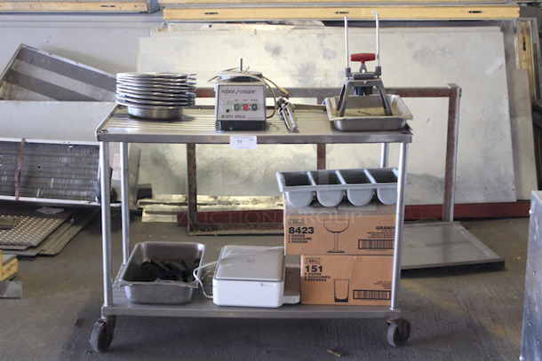ALL FOR ONE! Equipment Stand On Commercial Casters, Robo Coupe R301, Commercial Can Opener, Potato Dicer, (2) Boxes Of Libbey Glasses, Stack of 9 Silver Platters, Full Size Pan With Nozzles. 
