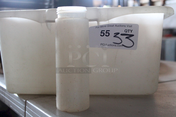 BUS TUB FULL OF: (33) 8 Oz. Clear Squeeze Bottles. 33x Your Bid
