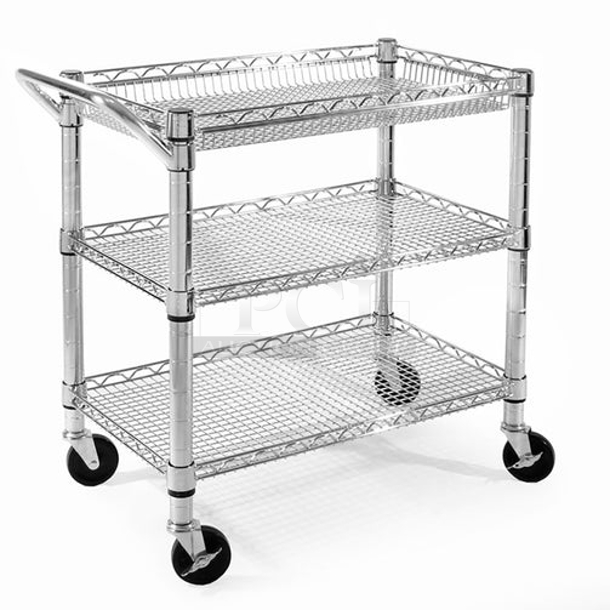 LIKE NEW! Seville Classics SHE99307ZB
3-Tier Industrial-Strength Wire NSF Heavy-Duty Utility Cart. 500lb Capacity. 34.75" W x 18.25" D x 33.75" H - Image 1 of 1