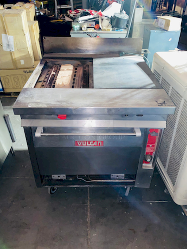 Vulcan Natural Gas Frenchtop Oven on Commerical Casters. Missing One Burner Plate. Oven Base is In Great Shape. - Image 2 of 4