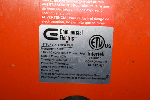 Commercial Electric HVFF16CE 16" Turbo Floor Fan, 120 VAC 60Hz. **Not In Working Order** - Image 3 of 4