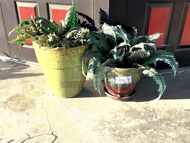 BEAUTIFUL! Out Door Decorative Ceramic Pots With Artificial Plants. 2x Your Bid - Image 1 of 1