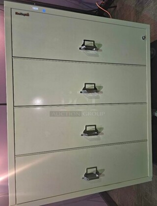 Fire King fireproof lateral File safe with 4 drawers. A very heavy, well-made piece in great condition! Minor scuffs or signs of wear may be evident, but still an awesome safe to protect important items and/or documents. Measures 53” H x 44.5” W x 22” D.  

