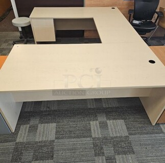 Complete Oak Desk set featuring a desk, bridge and credenza. In excellent like-new condition! 72"L x 103"W. 
