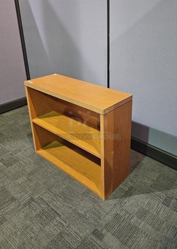 Wooden end table and bookshelf set- 1 of each piece. End table shows some minor scuffs on the legs but in sound condition. Bookcase is in great used condition. Perfect additions to home, business or office. End table measures 20” H x 24” W. Bookcase measures 30” H x 36” W.   - Image 3 of 3