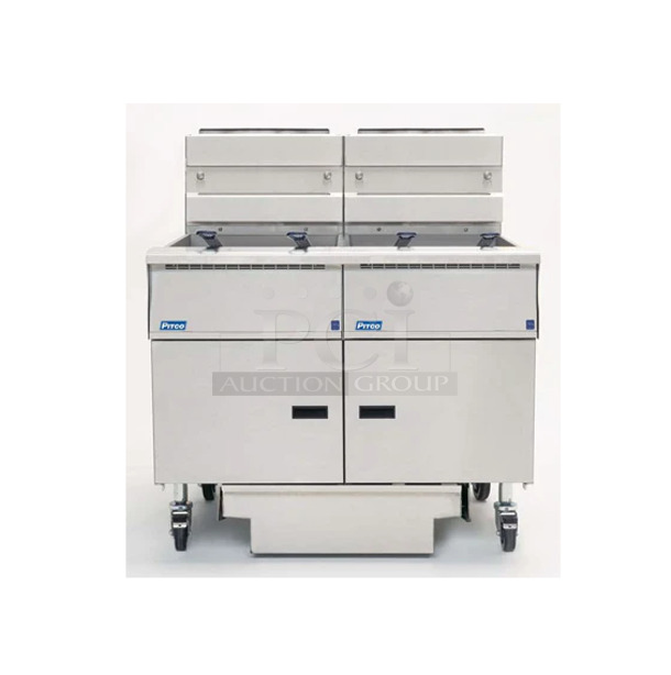 BRAND NEW SCRATCH AND DENT! Pitco Frialator SSH55 Stainless Steel Commercial Natural Gas Powered 2 Bay Deep Fat Fryer w/ 4 Metal Fry Baskets and 4 Splash Guards on Commercial Casters. 80,000 BTU.  - Image 1 of 12