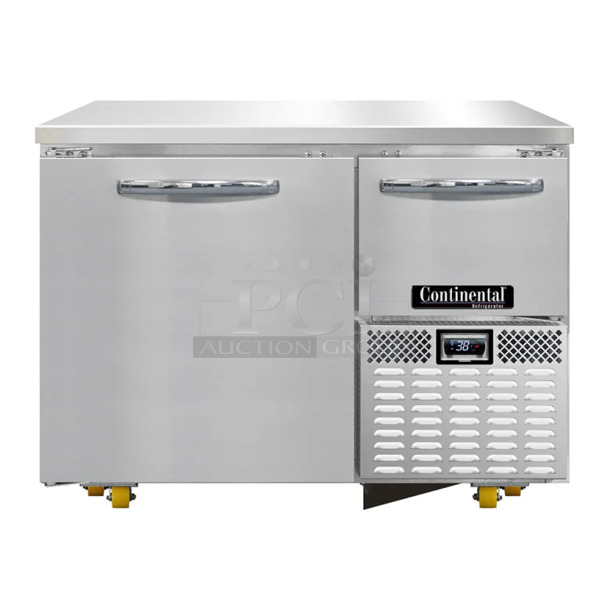 BRAND NEW SCRATCH AND DENT! 2024 Continental RA43N Stainless Steel Commercial 2 Door Undercounter Cooler on Commercial Casters. 115 Volts, 1 Phase. Tested and Working! - Image 1 of 6