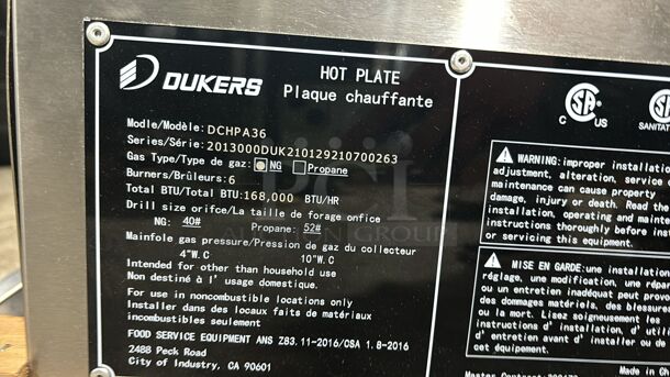 Brand New Dukers DCHPA36 6 Stainless Steel Burners Hotplate Gas Countertop - 168,000 BTU - Image 5 of 5