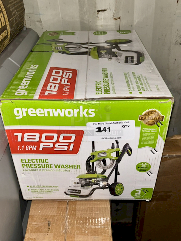 Greenworks GPW1803 1800PSI - 1.1GPM - Electric Pressure Washer W/ 25ft High-Pressure Hose & Rugged Roll Cage Design With 8-Inch Wheels. - Image 1 of 2