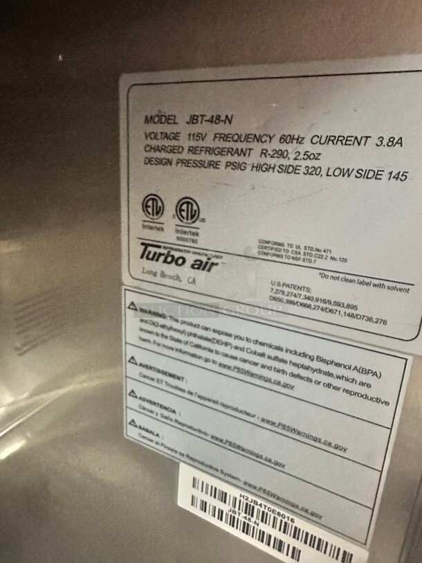 Late Model Used Turbo Air JBT-48 Cold Food Bar - (9) Pan Capacity, Floor Model, Stainless Steel 115 Volt Tested and Working! - Image 6 of 7