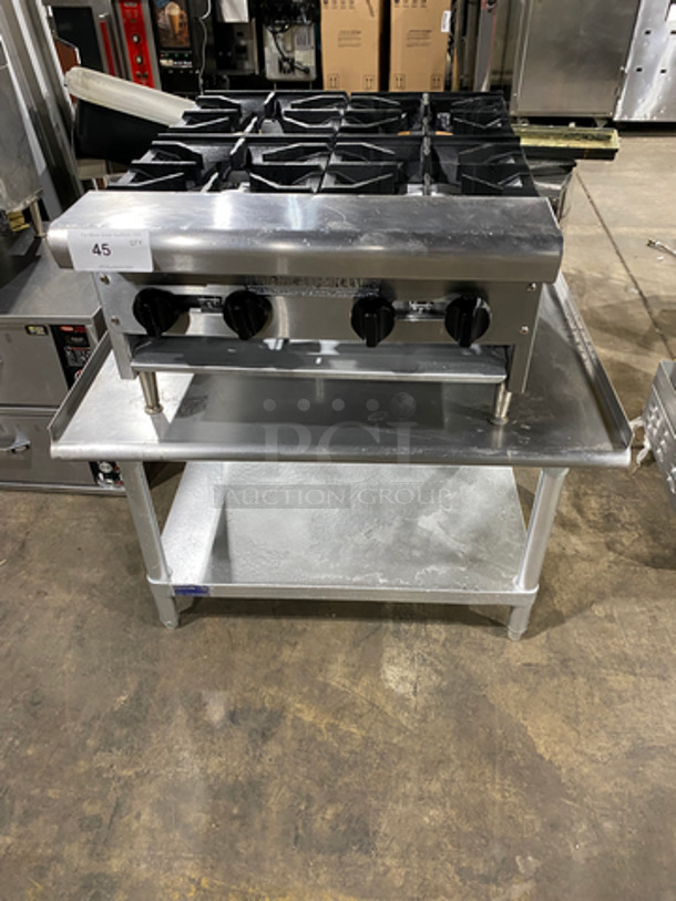 American Range Commercial Natural Gas Powered Countertop 4 Burner Range! On Small Legs! On Equipment Stand! With Storage Space Underneath! All Stainless Steel! On Legs!