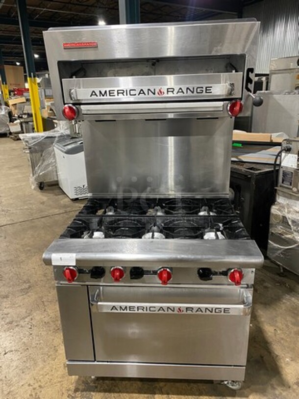 NICE!  American Range Natural Gas Powered 6 Burner Stove! With Full Size Oven Underneath! With Raised Back Splash And Salamander! All Stainless Steel! On Casters! Model: AR6 SN: 201215005