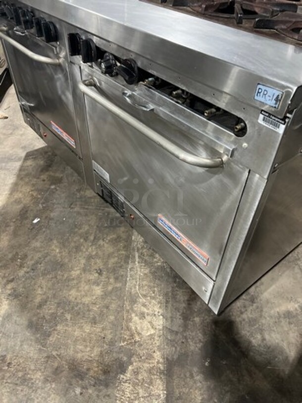 Southbend Commercial Natural Gas Powered 12 Burner Stove! With Raised Back Splash And Salamander Shelf! With 2 Full Size Oven Underneath! All Stainless Steel! On Casters! Working When Removed! - Image 6 of 11