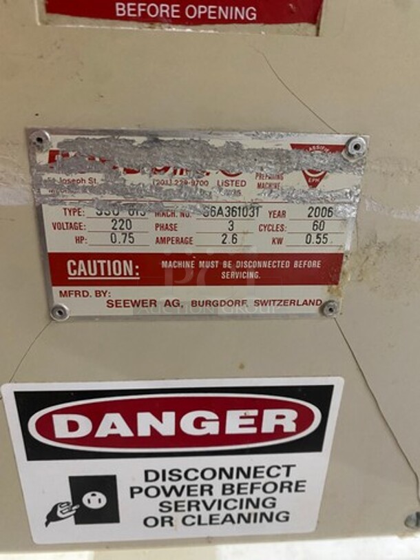 WOW! Rondo Seewer Commercial Floor Style Reversible Dough Sheeter! Stainless Steel Body! WORKING WHEN REMOVED! Model: SSO67 SN: 66A361031 220V 60HZ 3 Phase - Image 7 of 8