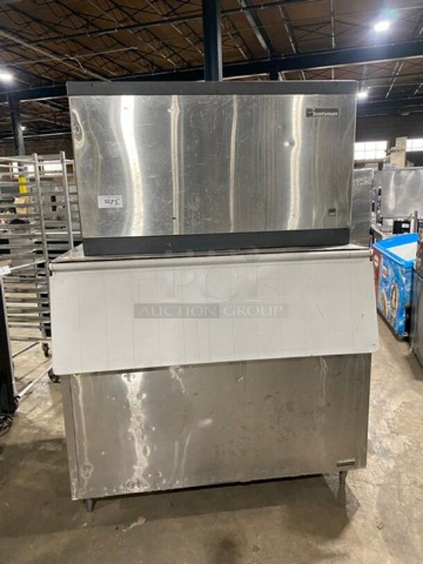 ALL ONE MONEY!  Scotsman Commercial 1500 Lbs Ice Maker Machine! With Commercial Ice Bin! All Stainless Steel! On Legs! Model: CME1656RS3F SN:64749808S 208/230V 60HZ 3 Phase