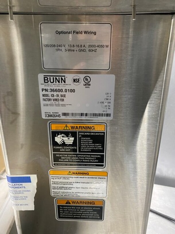 Bunn Commercial Countertop Coffee Brewing Machine! With Hot Water Dispenser! All Stainless Steel! Model: ICBDV SN: ICB0026445 120V 60HZ 1 Phase - Image 10 of 10