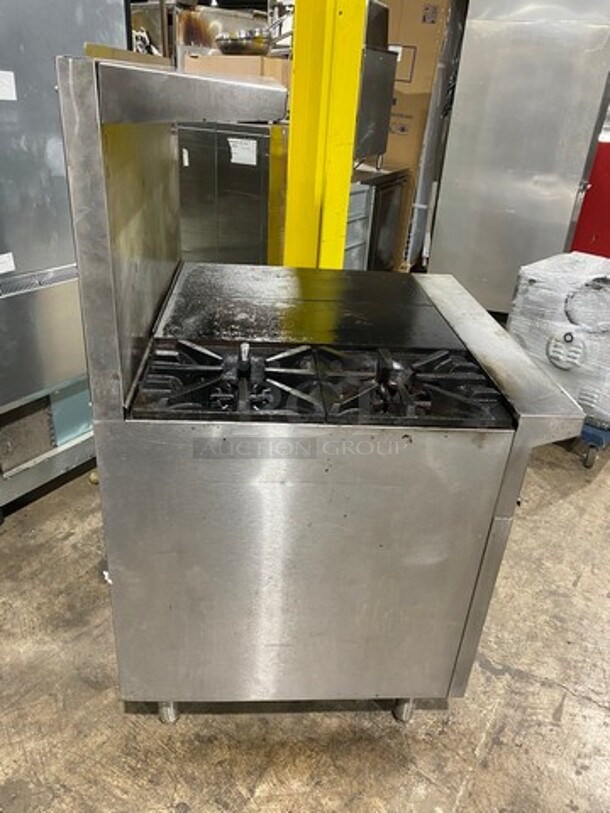 Garland Commercial Natural Gas Powered 2 Burner Stove With Hot Plate! With Oven Underneath! With Raised Back Splash And Salamander Shelf! All Stainless Steel! On Legs! - Image 2 of 8